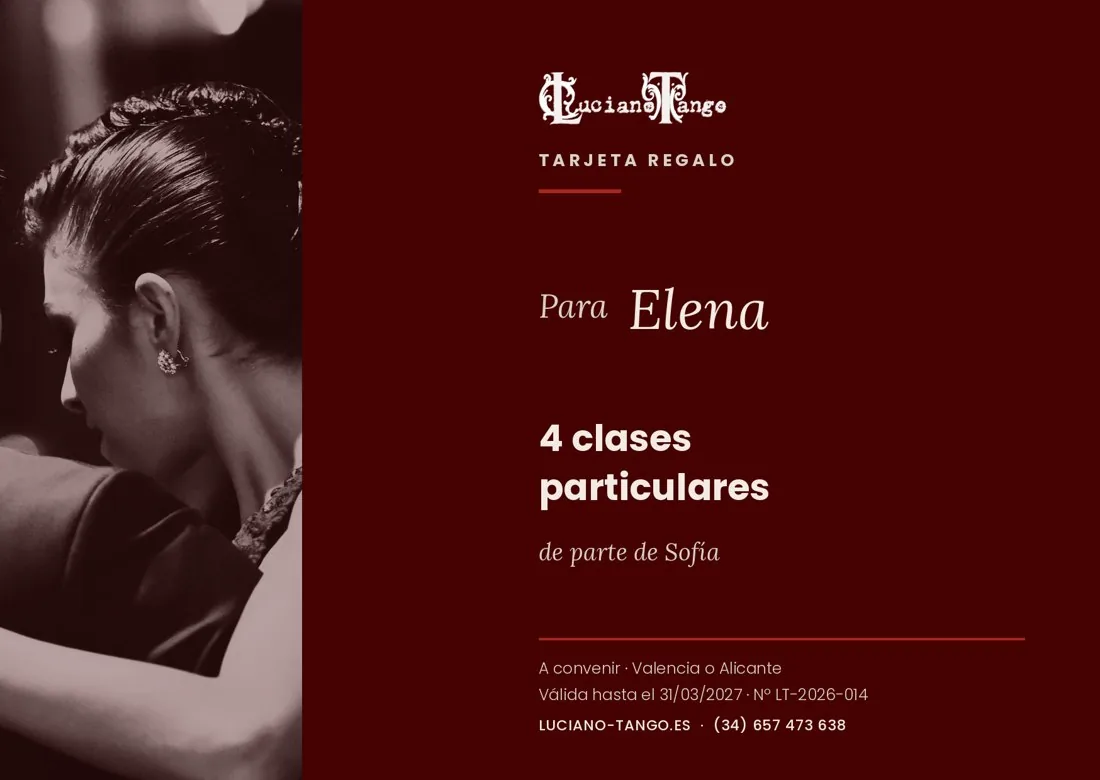 Ejemplo de tarjeta regalo Luciano Tango con el nombre de la persona y el regalo